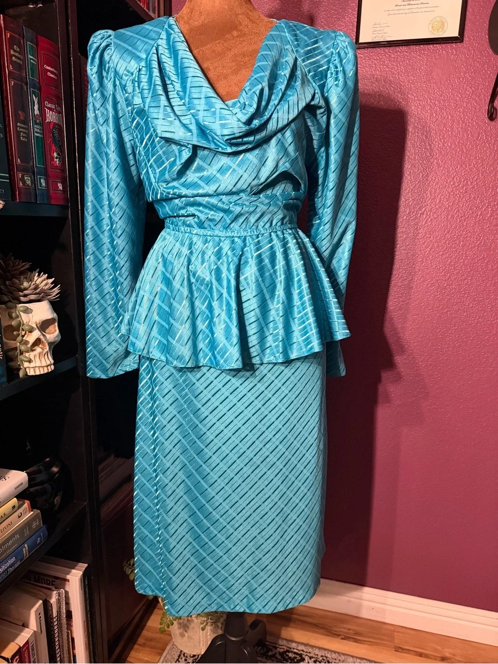 Vintage late 80’s Turquoise Satin Peplum Skirt Set- beautiful! Mary My Luv
